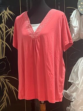 Kim Rogers Coral V-Neck Short Sleeve Top with Beaded Trim RE